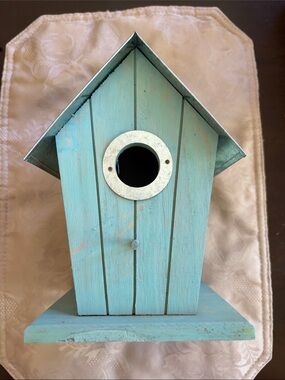 Turquoise Wooden Birdhouse with Metal Roof